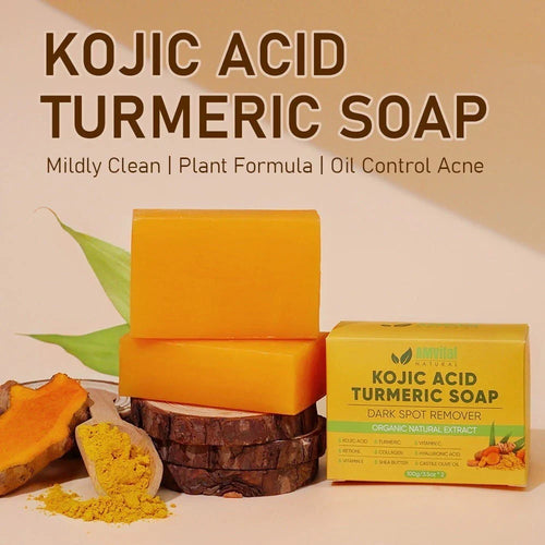 2-Pack Kojic Acid & Turmeric Soap Bar – With Hyaluronic Acid, Vitamin C & E for Daily Face & Body Care
